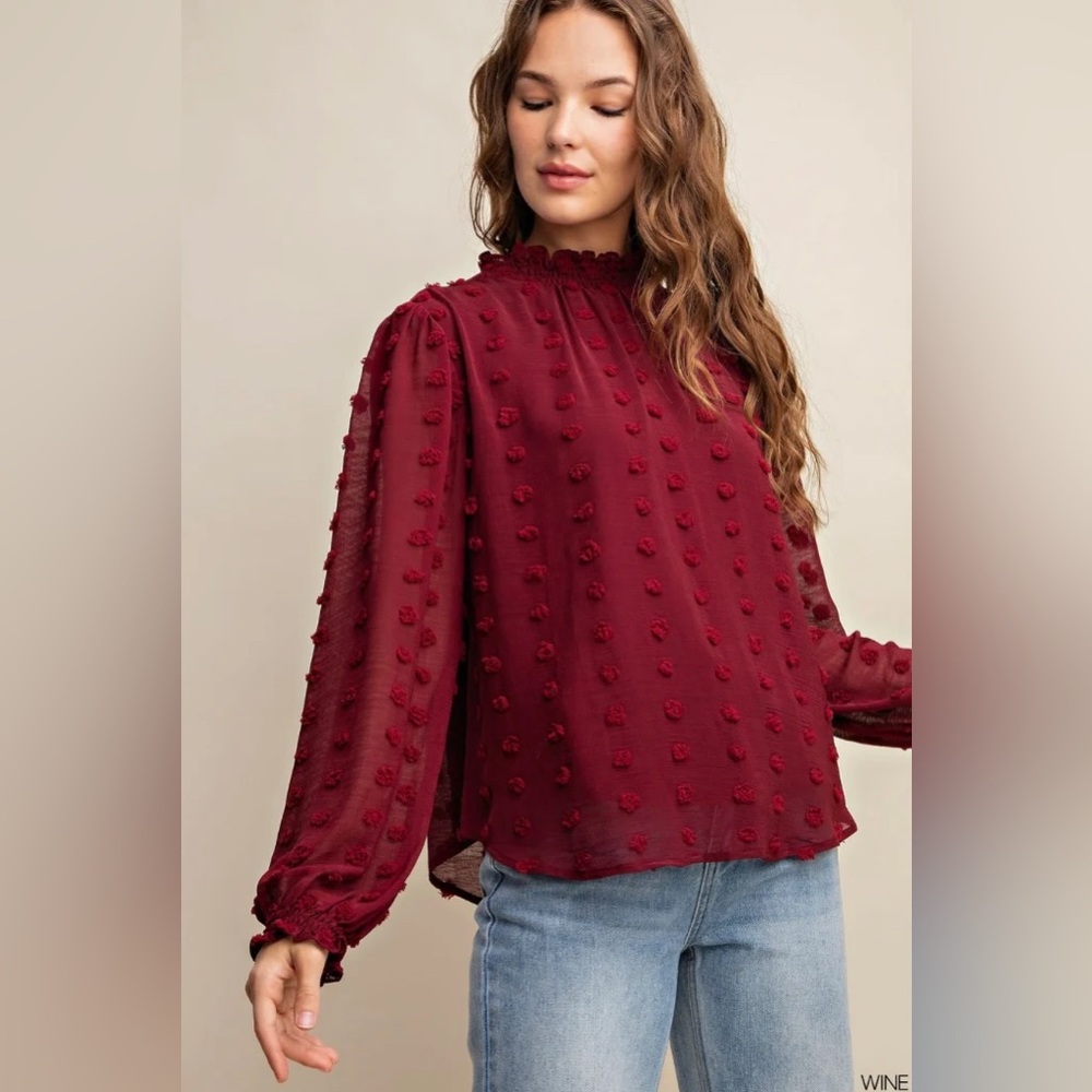 NWOT She & Sky Womens Burgundy Swiss Dot Balloon Sleeve Blouse Top Size Meduim
